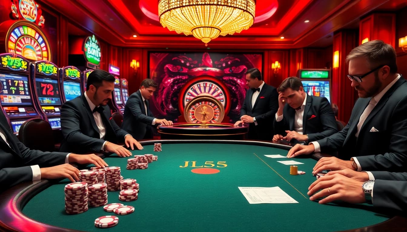 Experience the thrilling action at a poker table featuring JL55 chips and vibrant casino elements.