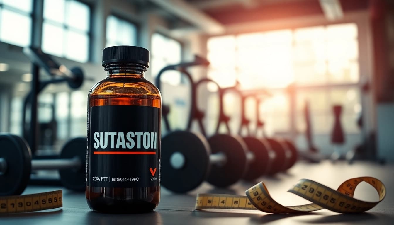 Sustanon kaufen in einer professionellen Fitnessumgebung mit Fitnessgeräten und einer motivierenden Atmosphäre.