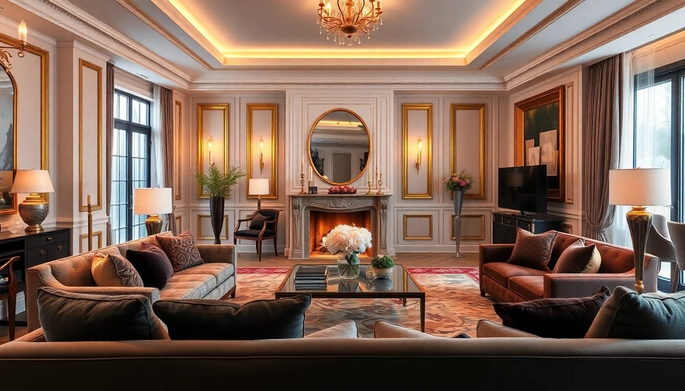 Luxury living room showcasing elegant furniture and warm lighting for a cozy and sophisticated ambiance.
