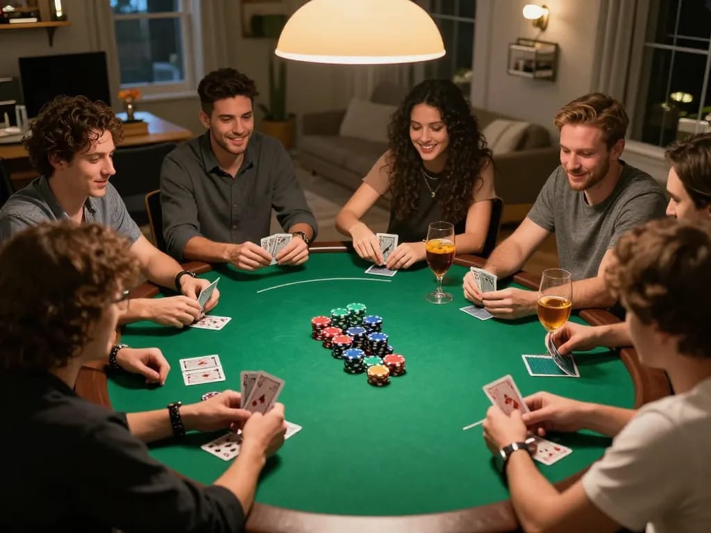 Engaged players at a home poker game, illustrating the action at Trang chủ SC88 with vibrant chips and cards