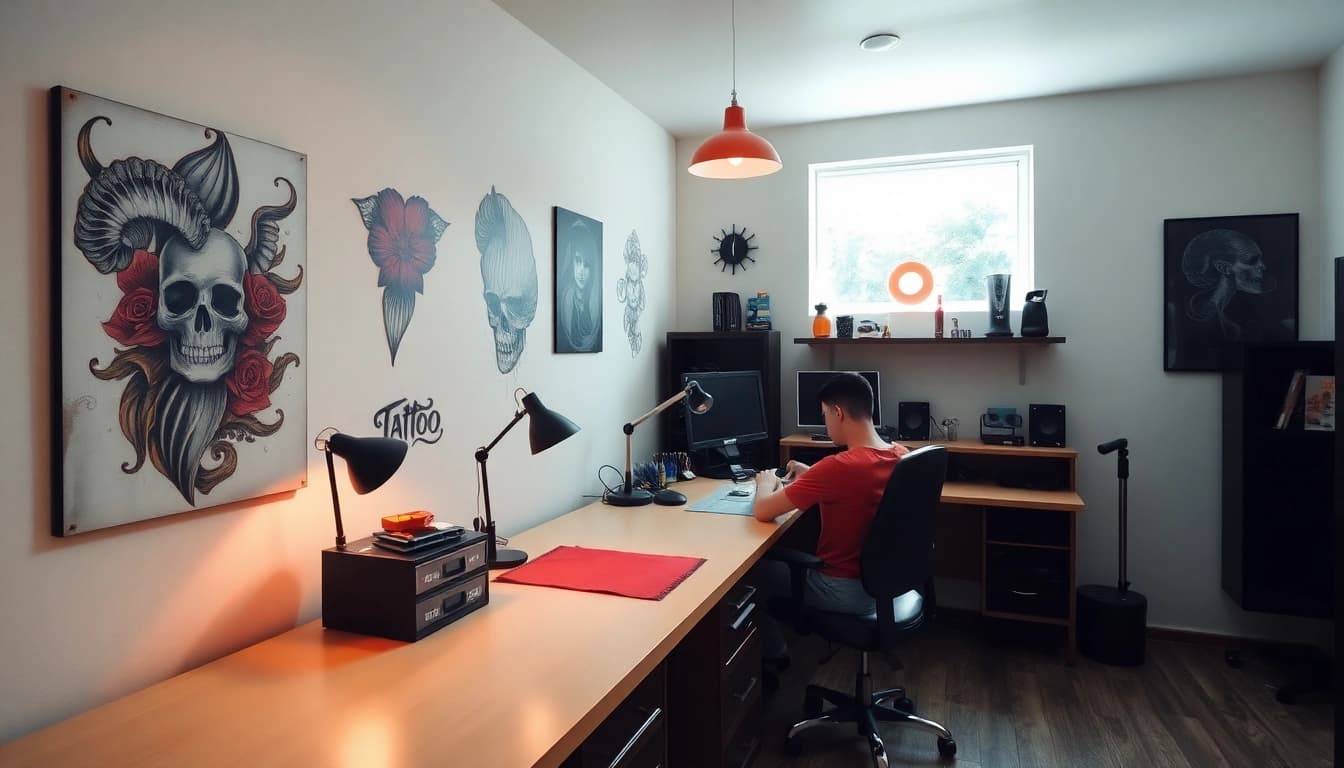 Professionelle Arbeiten im Tattoo Studio München, mit einem künstlerischen Arbeitsplatz und inspirierenden Tattoos.