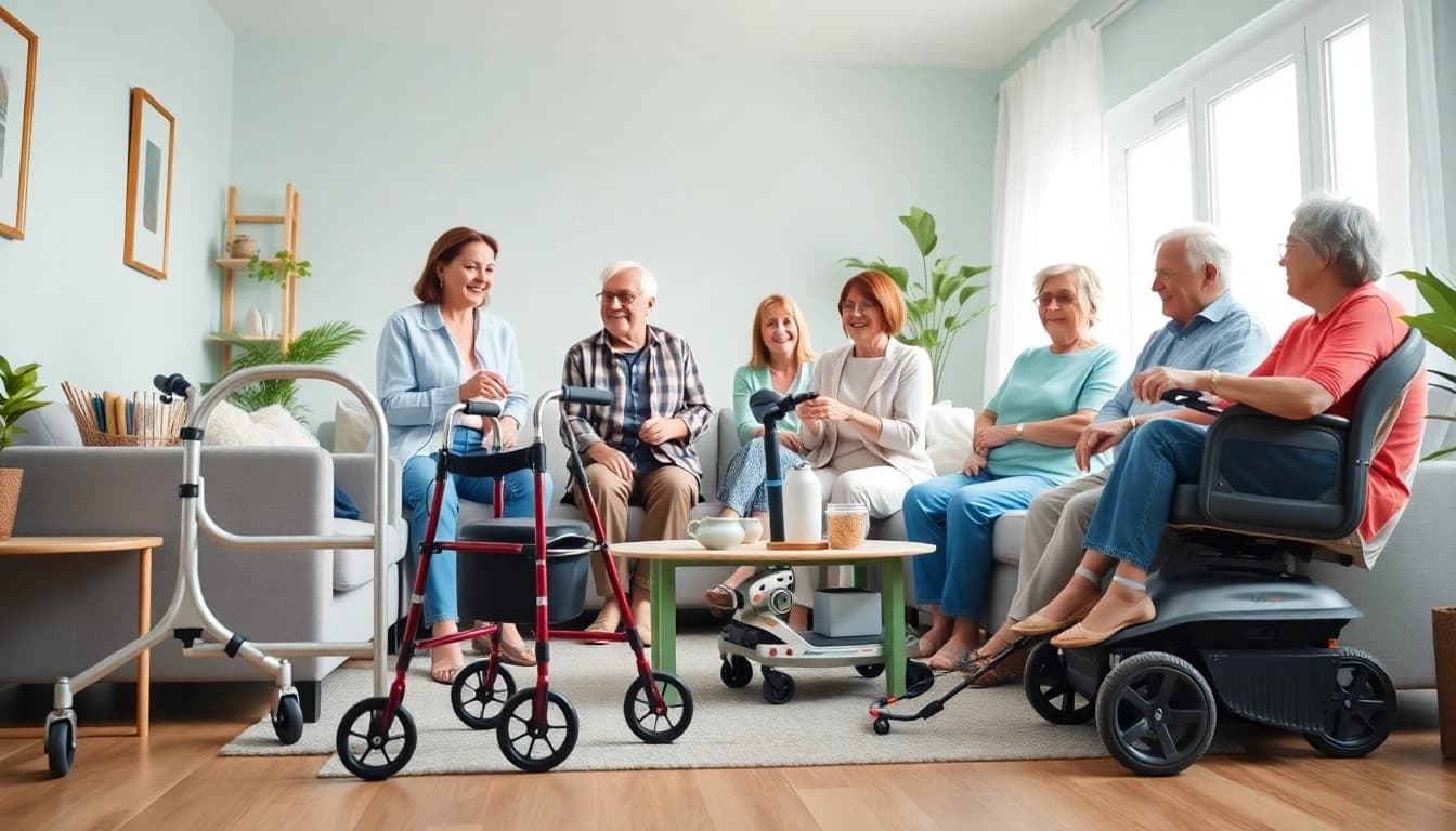 Pflegehilfsmittel in einem modernen Wohnzimmer, die Mobilitätshilfen zur Verbesserung der Gesundheit und Lebensqualität zeigen.