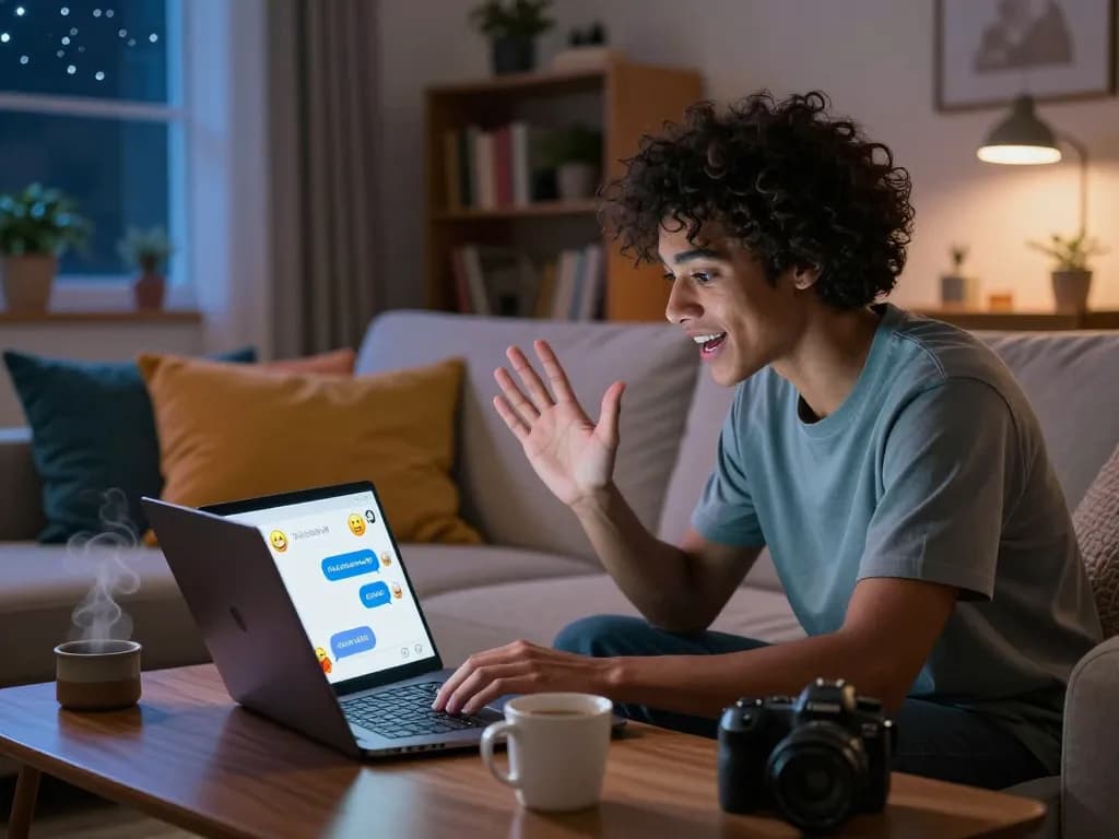 User engaging with an NSFW chat bot on a laptop in a cozy living room, showcasing interactive chat bubbles and playful atmosphere.