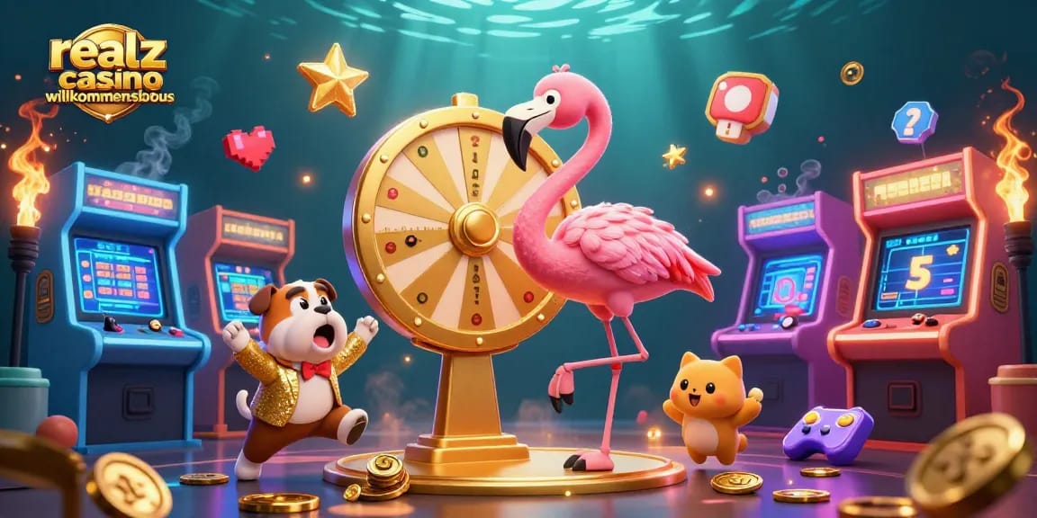 Der realz casino Willkommensbonus wird von einem 3D-Cartoon-Spielshow-Host und einem aufgeregten Bulldoggen-Contestant präsentiert.