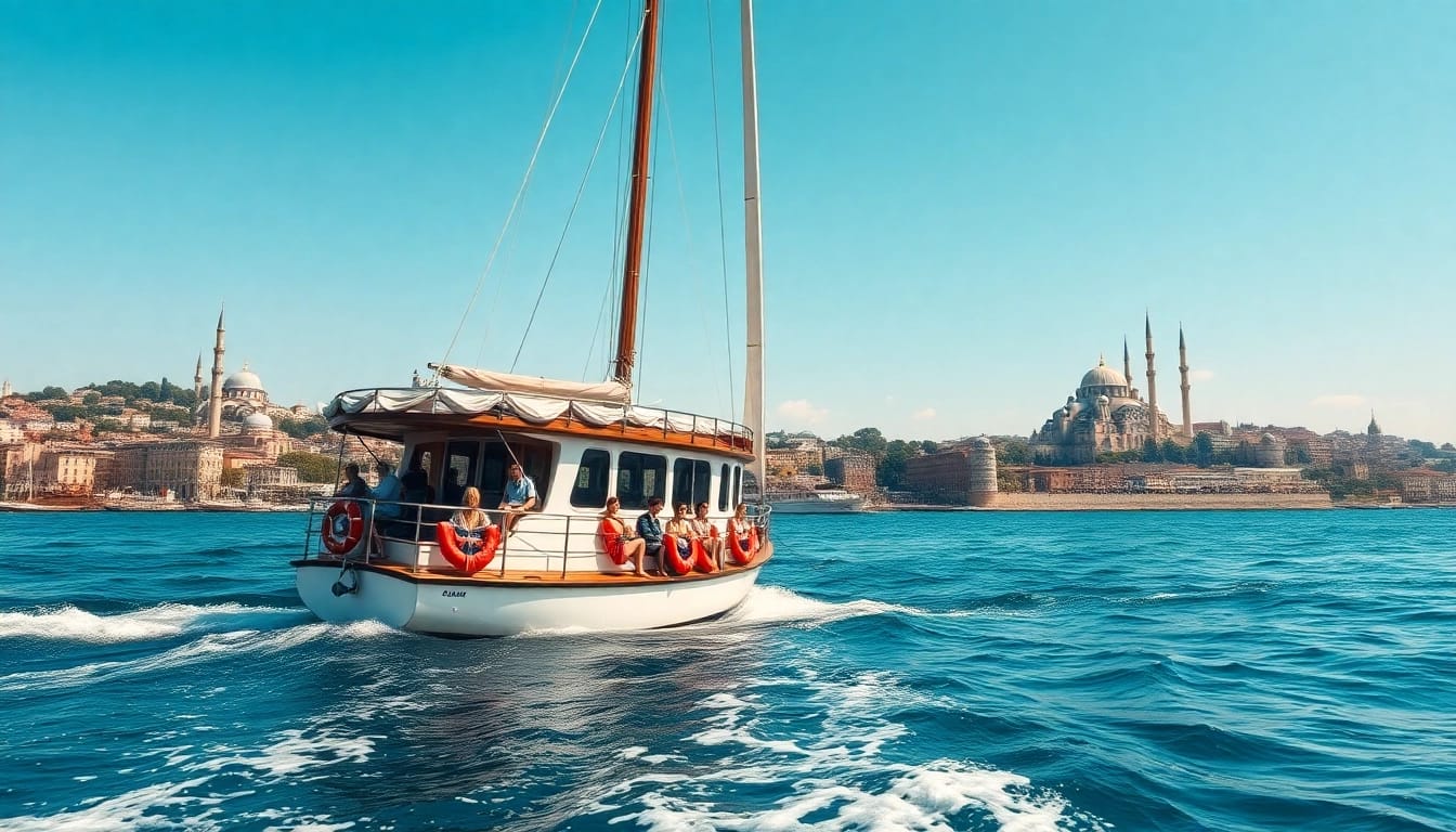 Bosphorus daytime cruise with stunning views of Istanbul attractions and happy travelers.