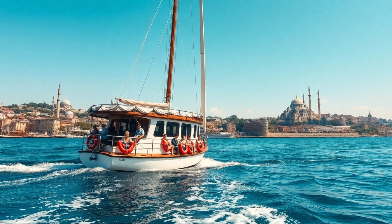 Bosphorus daytime cruise with stunning views of Istanbul attractions and happy travelers.