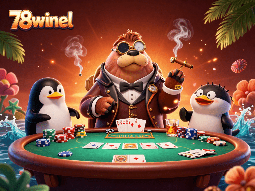 Experience thrilling poker action at 78winel with a jolly walrus in a vibrant underwater scene.