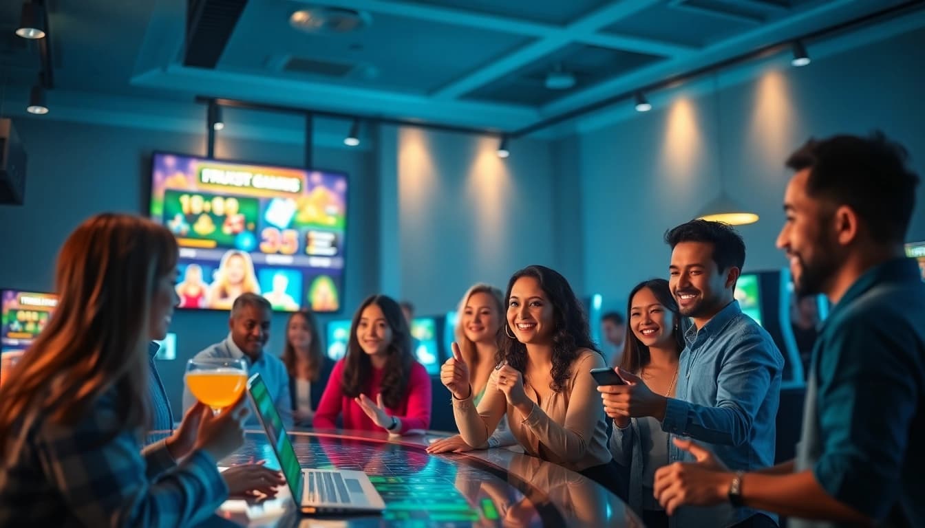 nhà cái uy tín depicted in a vibrant online gambling scene showing happy players and digital interfaces.