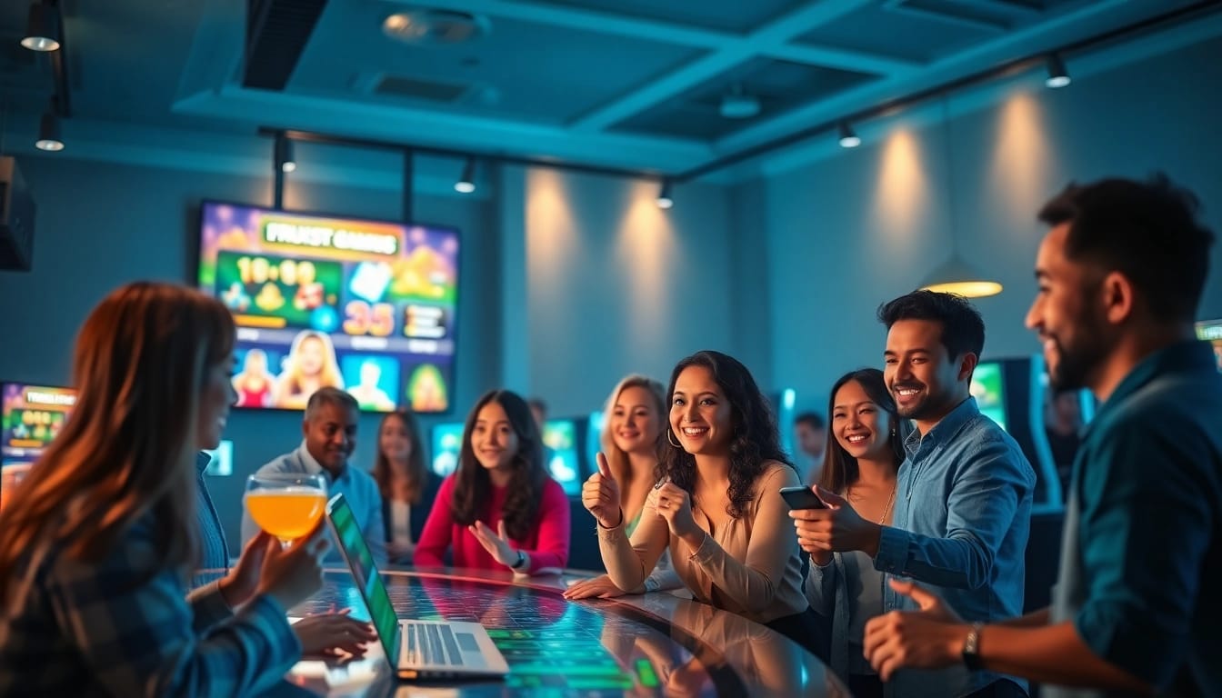 nhà cái uy tín depicted in a vibrant online gambling scene showing happy players and digital interfaces.
