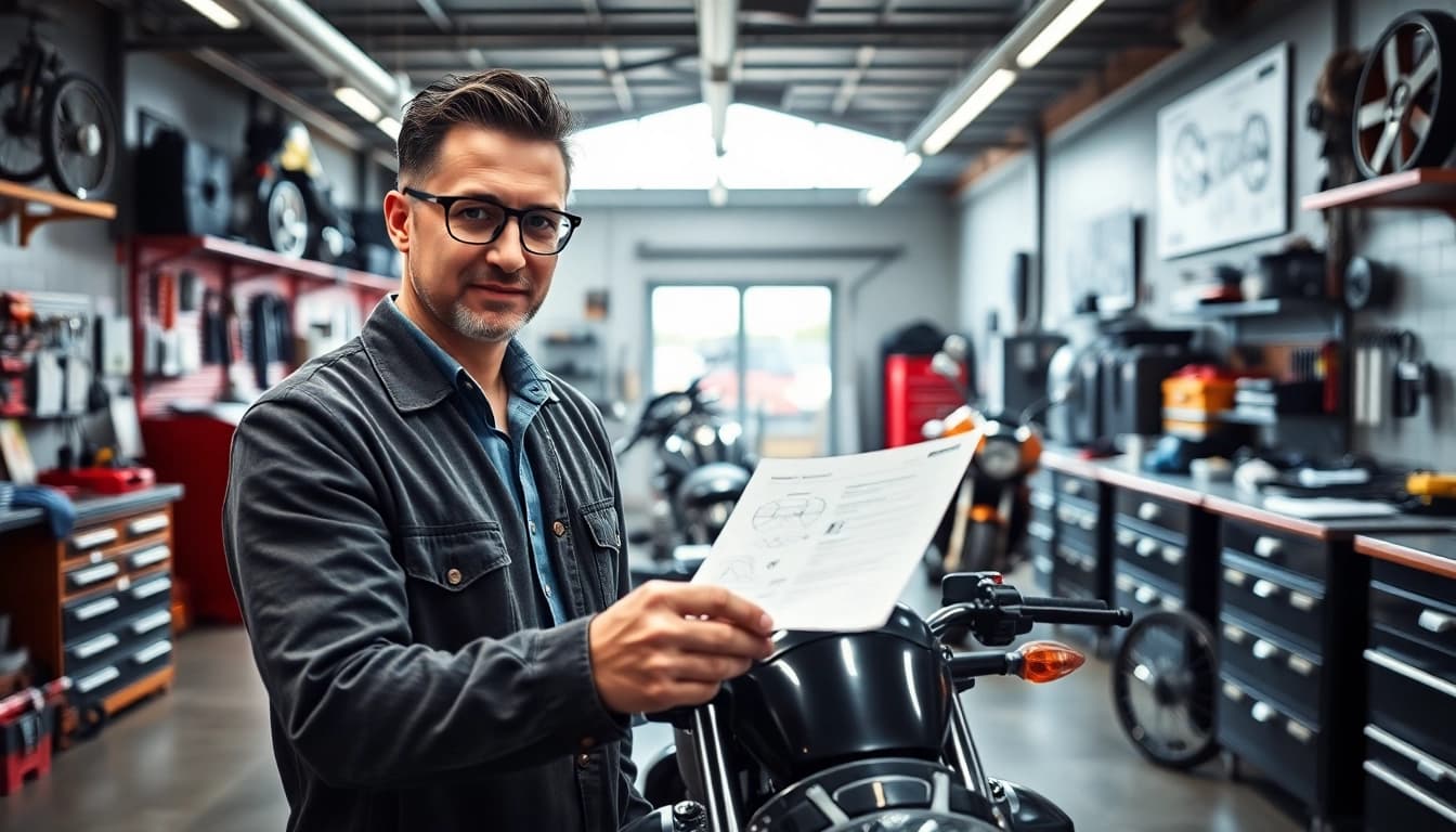 Motorrad Gutachter analysiert ein Motorrad mit präzisen Werkzeugen in einer professionellen Werkstatt.