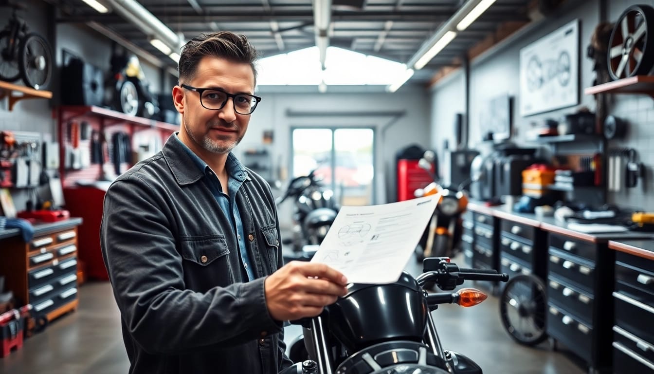 Motorrad Gutachter analysiert ein Motorrad mit präzisen Werkzeugen in einer professionellen Werkstatt.