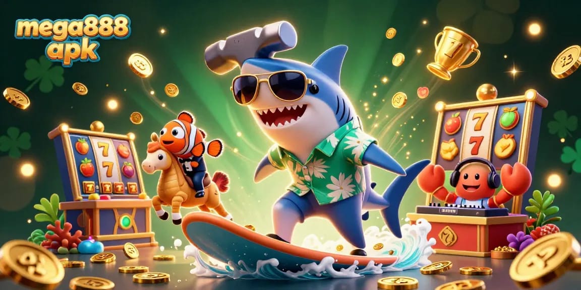Play mega888 apk and win big with a festive illustration of a shark surfing gold coins.