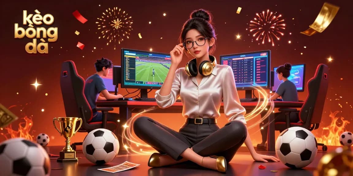Engage with kèo bóng đá as a photorealistic Asian woman analyzes sports betting odds at her gaming setup.