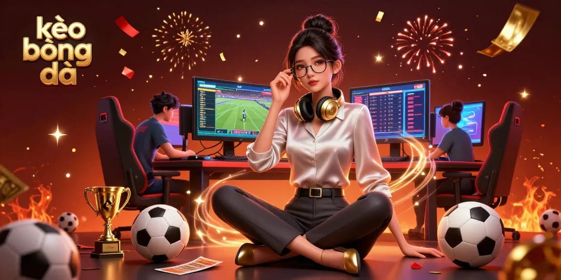 Engage with kèo bóng đá as a photorealistic Asian woman analyzes sports betting odds at her gaming setup.