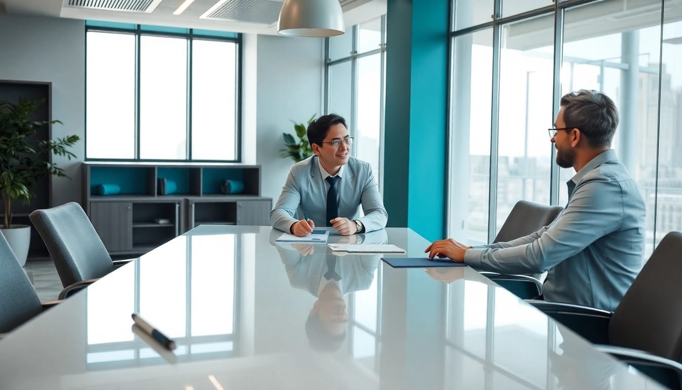 Headhunter Schweiz trifft sich mit Kandidaten in modernem Büro, professionell und engagiert.