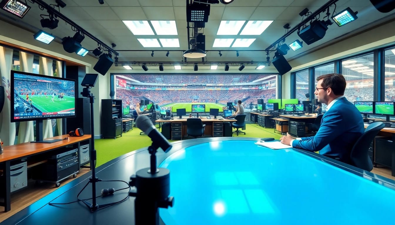 Sports Broadcasting studio with an anchor delivering live updates from a professional setup.