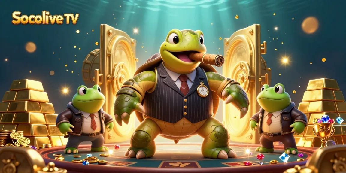Experience thrilling action on Socolive TV with a vibrant 3D illustration showcasing a snapping turtle mobster surrounded by gold and casino elements.