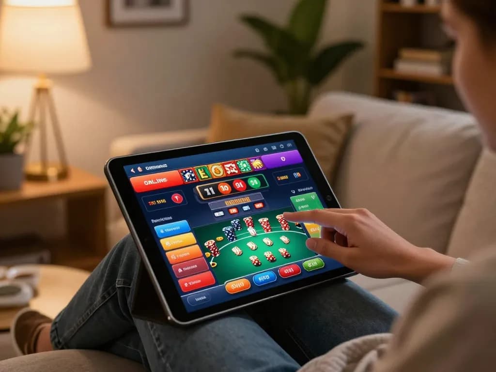 Engaging online gaming experience at Trang chủ F168, showcasing tablet interface and comfortable home setting.