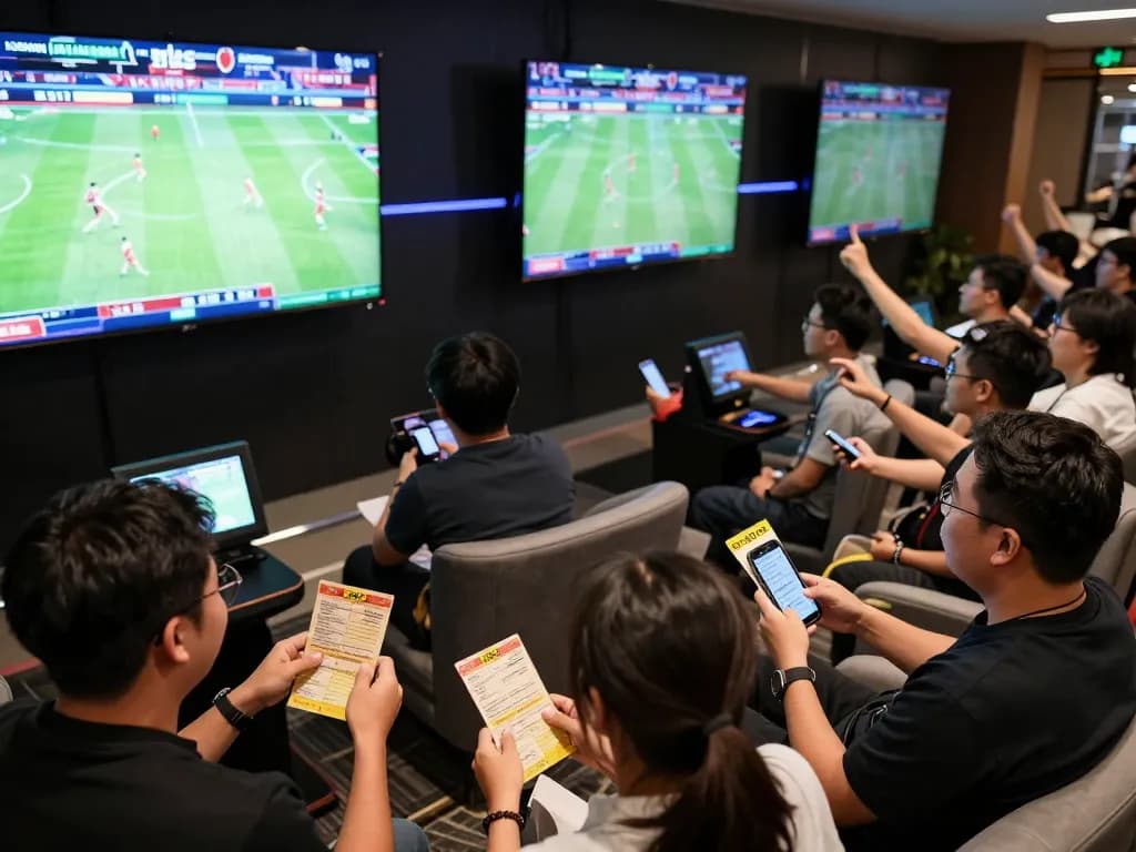 Excited patrons placing sports bets at keobongda100's vibrant lounge with screens showing live matches.