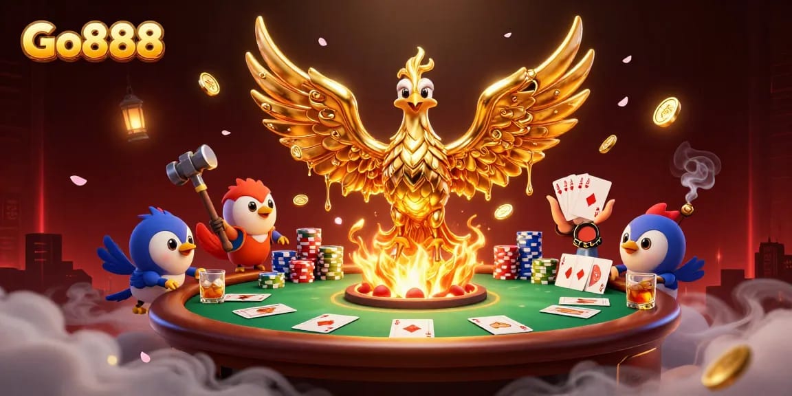Experience exciting casino action with Go888, showcasing a vibrant golden phoenix and poker elements.