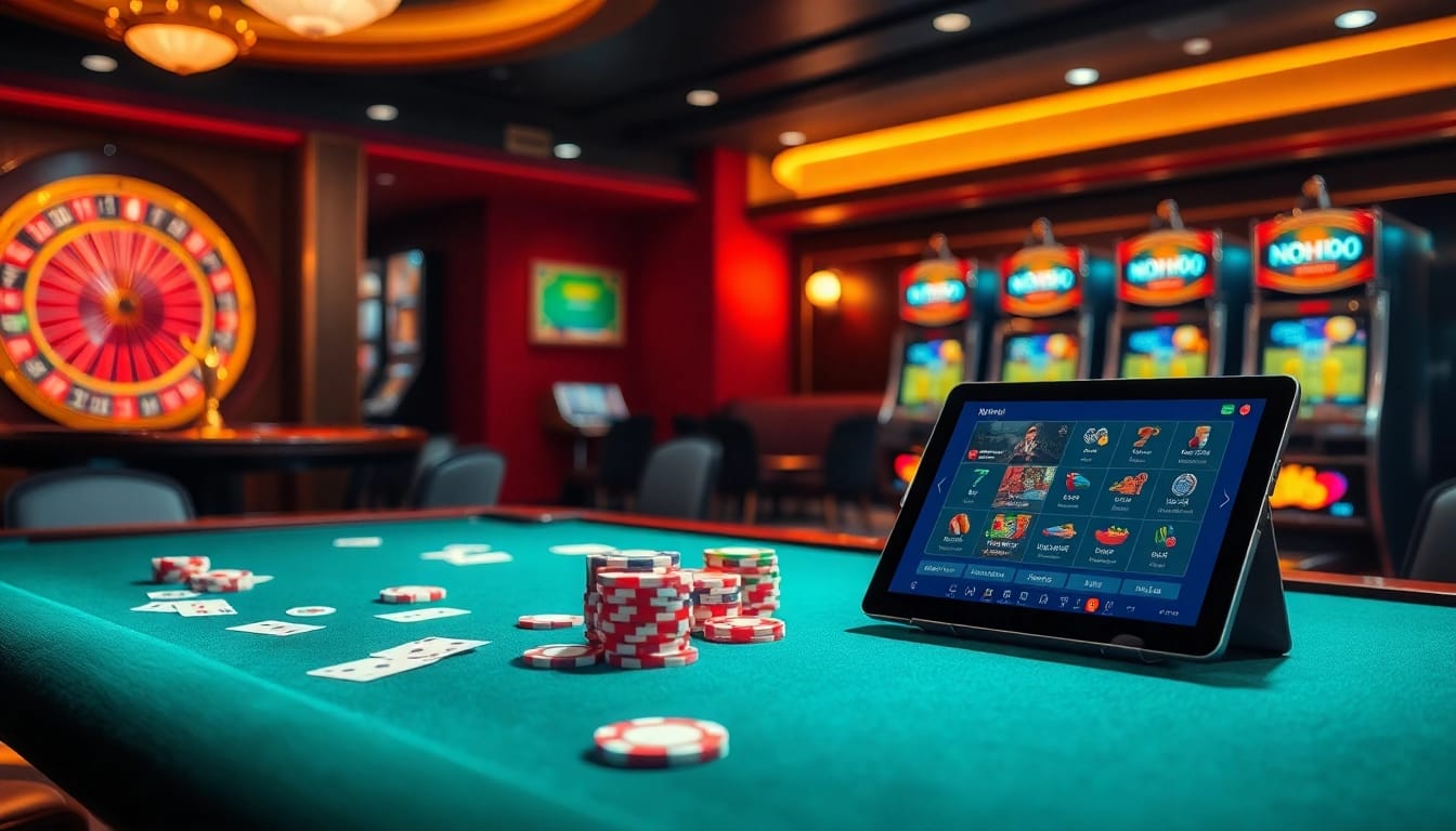 Experience the excitement of gambling with NOHU90 at a luxurious casino table full of vibrant chips and cards.