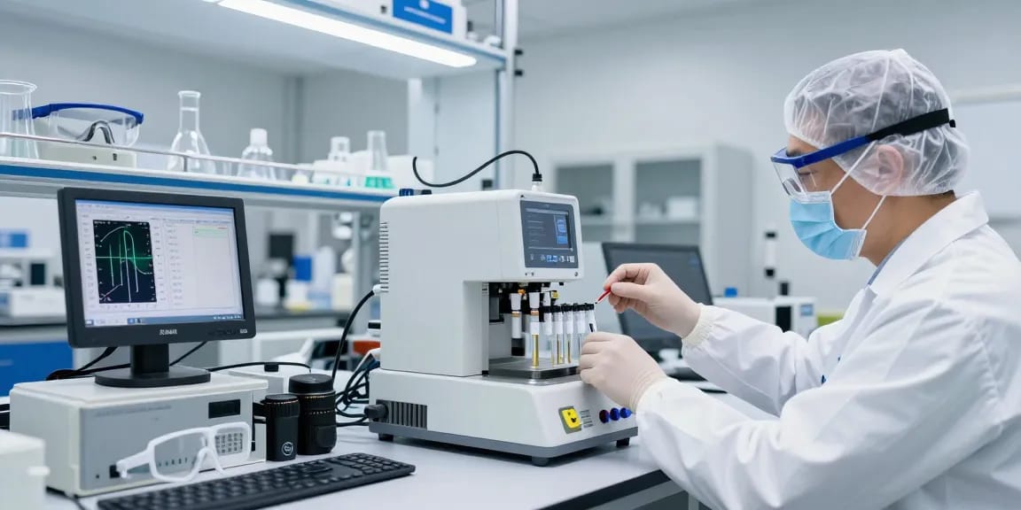 Techniker analysiert Luftqualitätsdaten mit einem NOx Filter in modernem Labor.