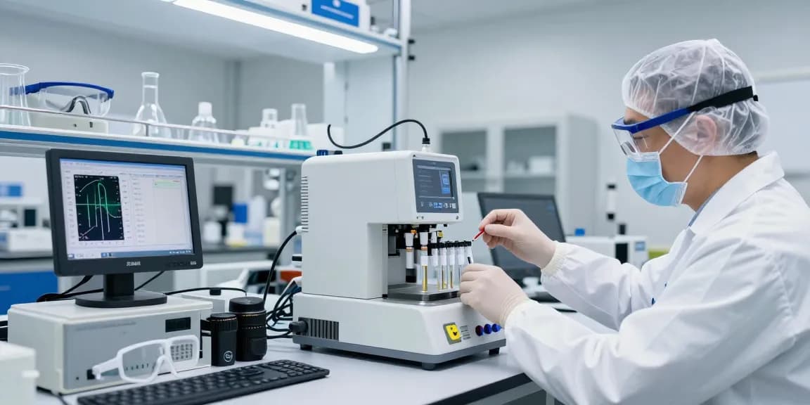 Techniker analysiert Luftqualitätsdaten mit einem NOx Filter in modernem Labor.