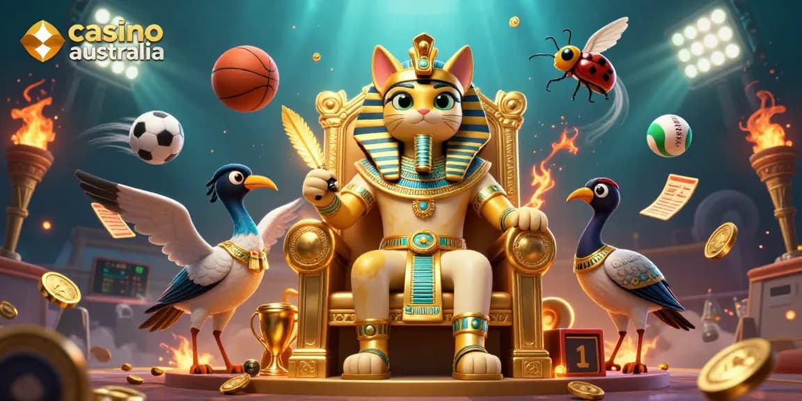 Experience the excitement of casino australia with vibrant sports betting elements and whimsical characters in a dynamic scene.
