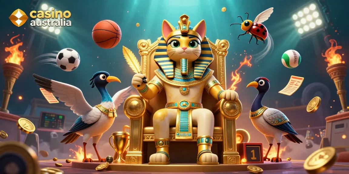 Experience the excitement of casino australia with vibrant sports betting elements and whimsical characters in a dynamic scene.