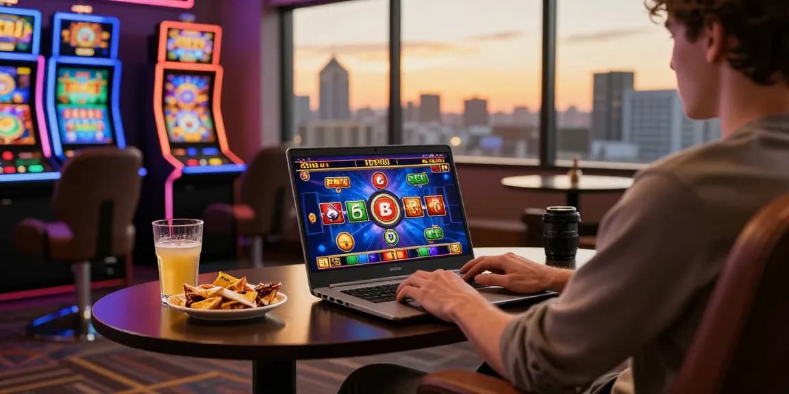 Play a thrilling สล็อตเว็บตรง game on a sleek laptop in a vibrant casino atmosphere with colorful graphics.