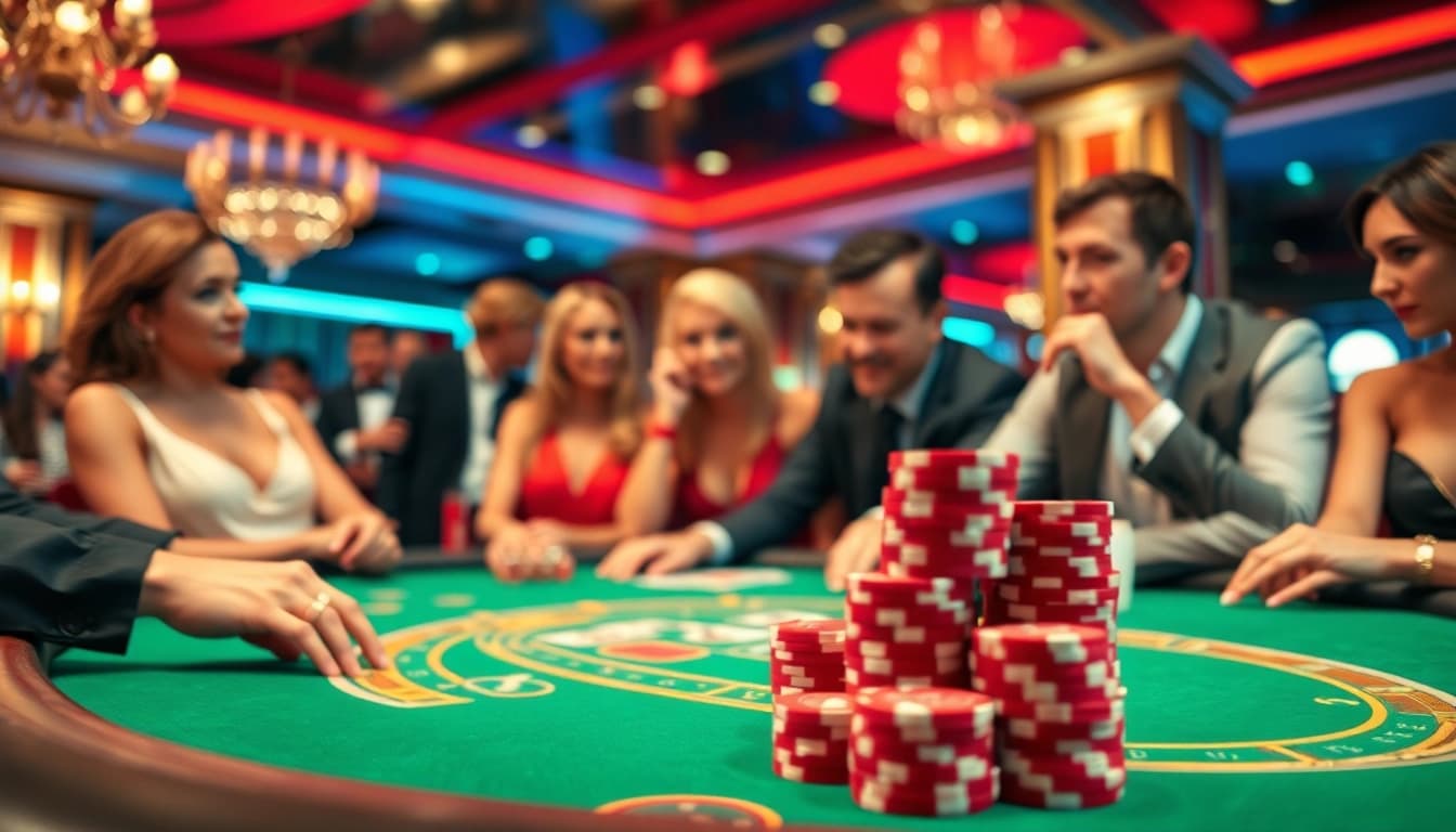 Spannende Spieler am Poker-Tisch, die casinospiele.de mit Fokus auf ihre Einsätze genießen.