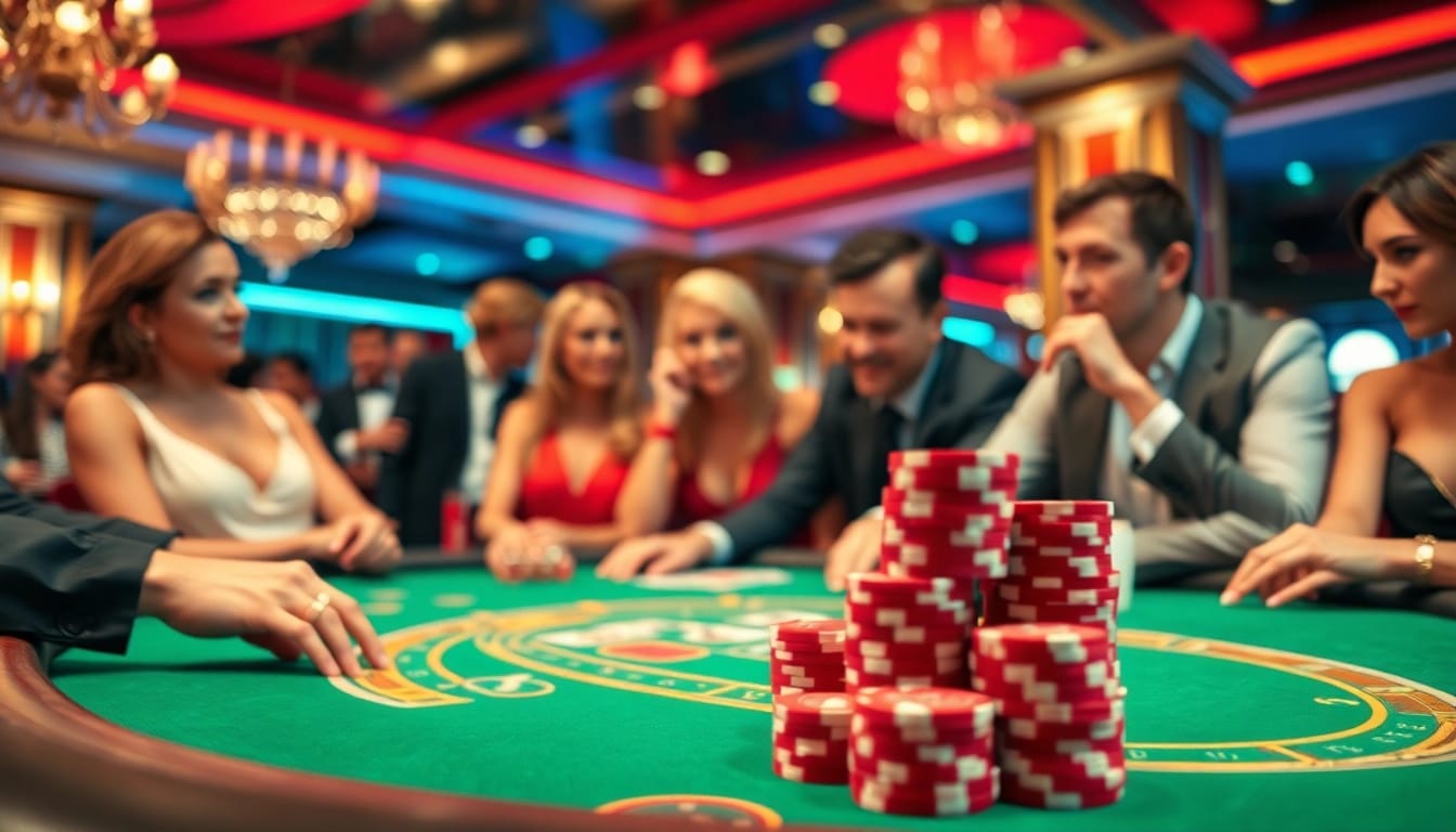 Spannende Spieler am Poker-Tisch, die casinospiele.de mit Fokus auf ihre Einsätze genießen.