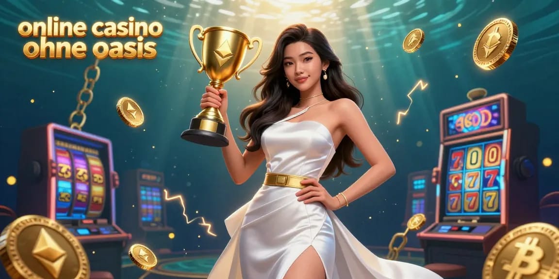 Engaging visual of online casino ohne oasis with an Asian winner holding a trophy amidst vibrant gaming elements.