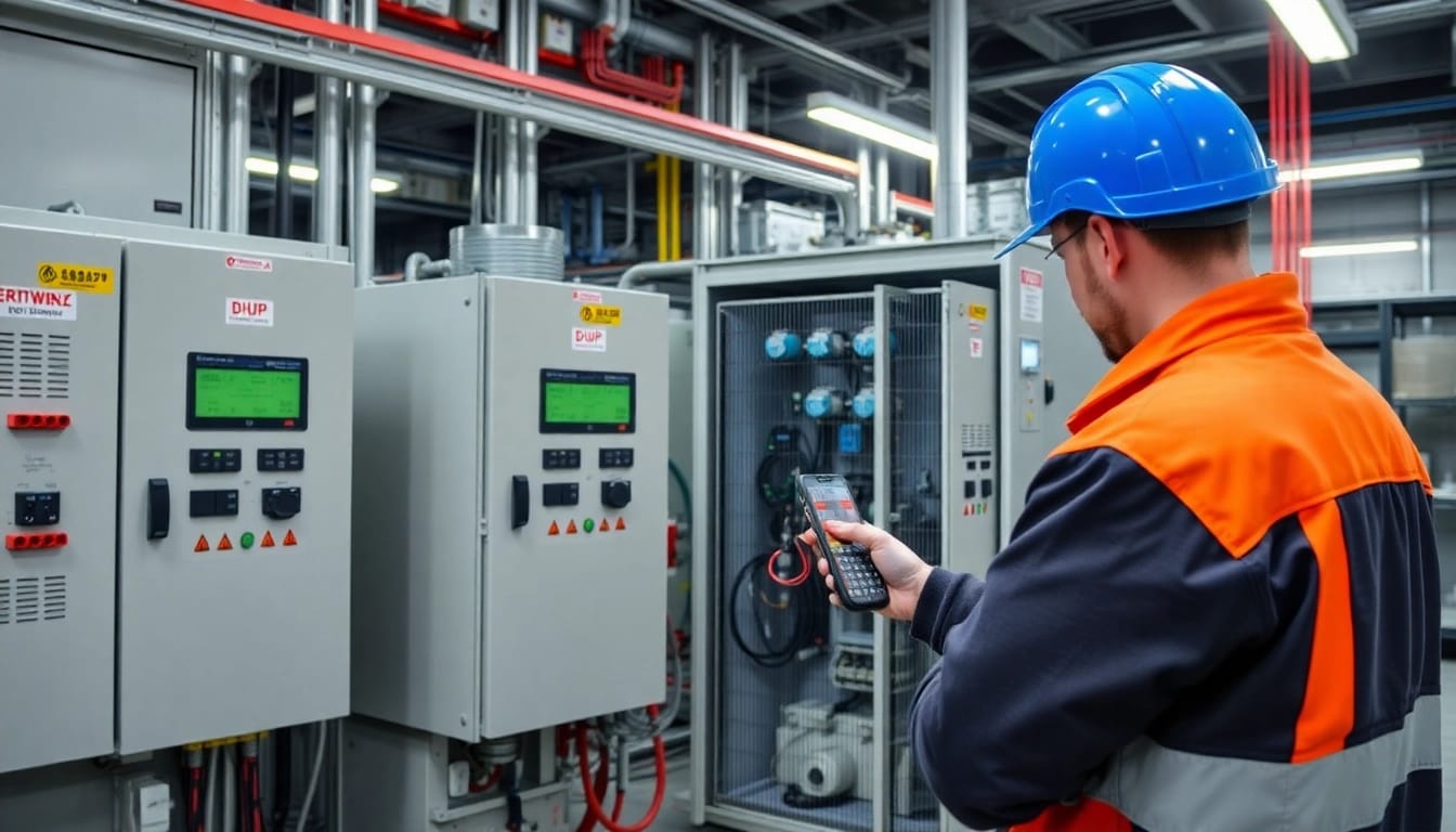 Technician conducting a DGUV V3 Prüfung on electrical equipment to ensure workplace safety.