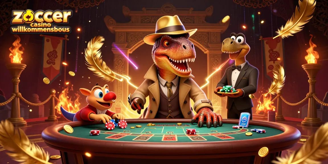 Experience the excitement of Zoccer Casino Willkommensbonus with vibrant characters engaging at a blackjack table.