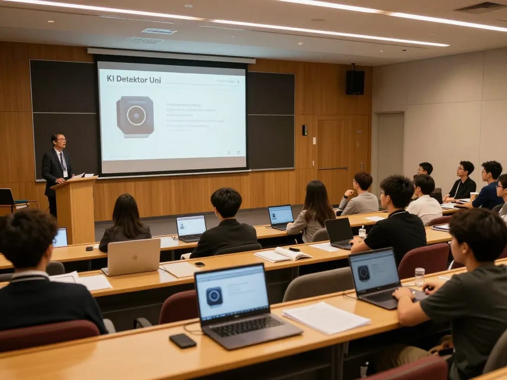 Students discussing the KI Detektor Uni technology in a modern classroom, highlighting academic engagement.