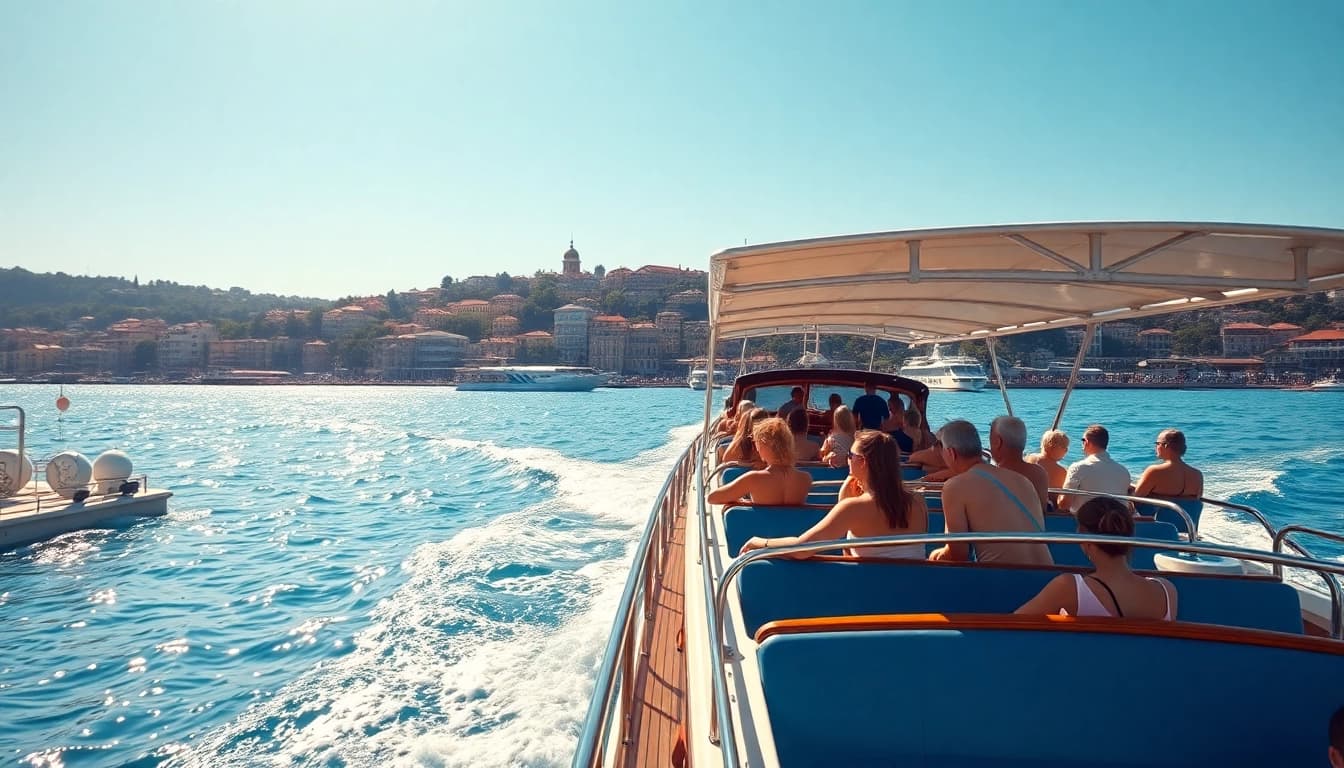Bosphorus daytime cruise mit Gästen, die die Sehenswürdigkeiten und die Sonne genießen.