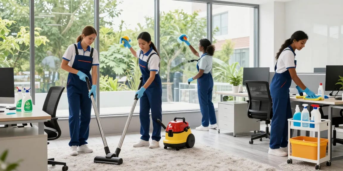 Reinigungsfirmen Bern team in action, cleaning office space with eco-friendly supplies.
