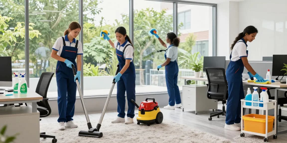 Reinigungsfirmen Bern team in action, cleaning office space with eco-friendly supplies.