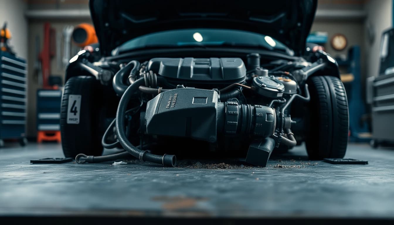 Motorschaden Ankauf: Professionelle Beurteilung eines beschädigten Autoteils im Werkstattumfeld.