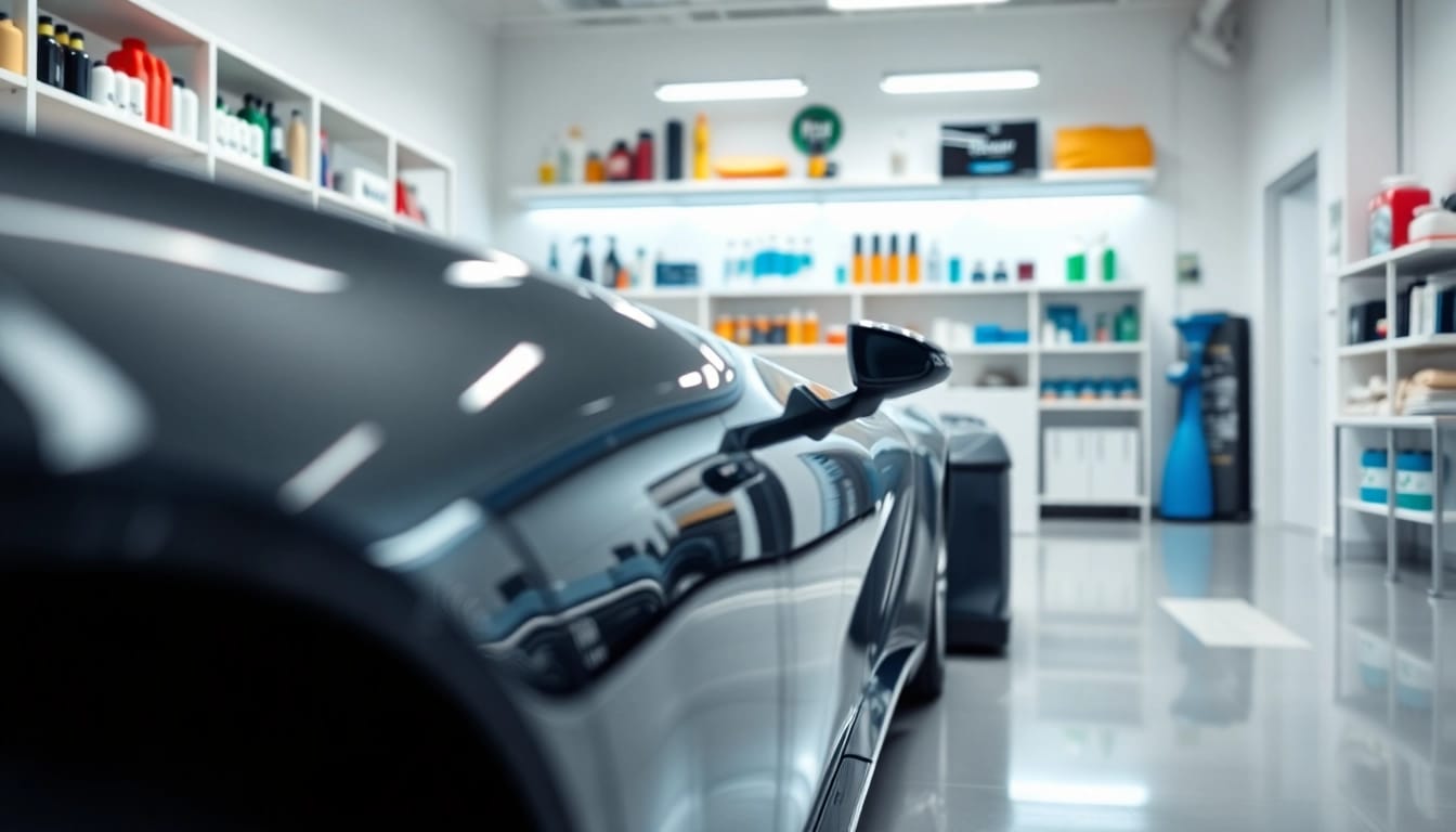 Autopflege Shop mit hochwertigen Reinigungsprodukten in professioneller Umgebung.