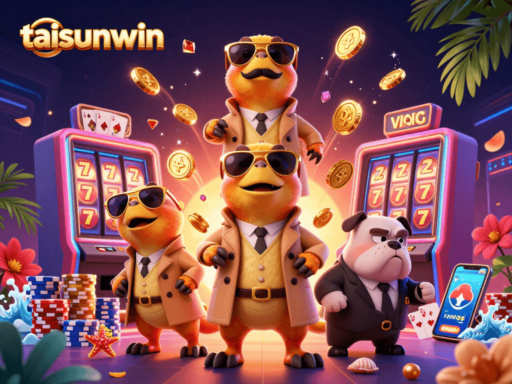 Exciting glimpse of taisunwin featuring three raptors in a trench coat amidst lively casino scenes.
