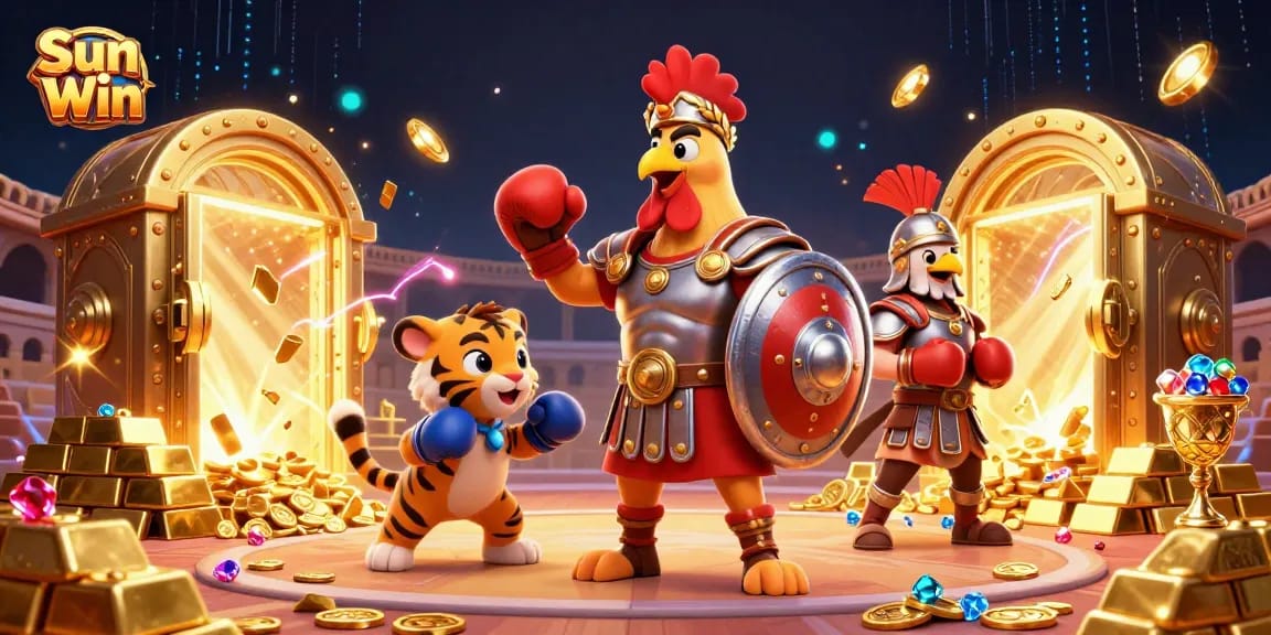 Engage in thrilling gameplay with Sun Win, featuring a gladiator rooster and a tiger cub in a vibrant casino setting.