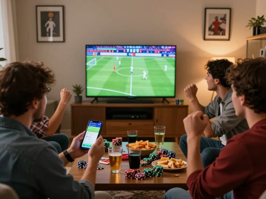 Engaged friend placing bets on 7m sports betting app while watching a live football match.