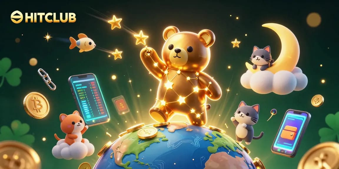 Win big at HITCLUB as the constellation bear gathers coins from the cosmos in a vibrant casino scene.