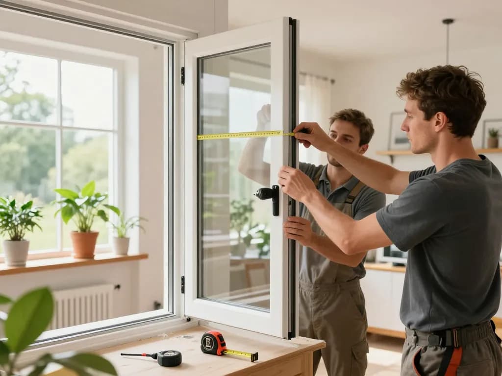 Fachkräfte, die in einer hellen Wohnumgebung Fenstereinbau im Fensterbau durchführen