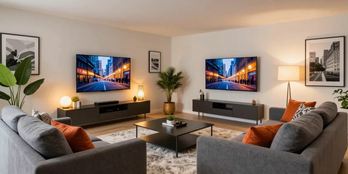 Schickes Wohnzimmer mit modernem Sofa und stilvoller Dekoration, perfekt für Möbel günstig kaufen.