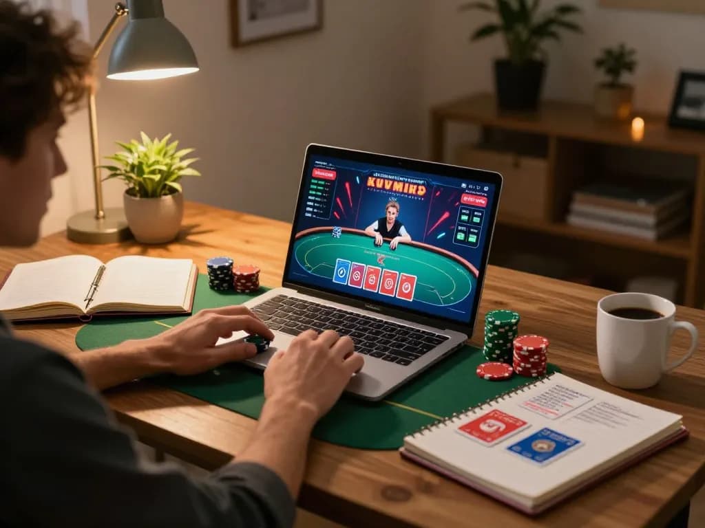 Excited player studying poker strategies on p789bet at home desk with warm ambiance.