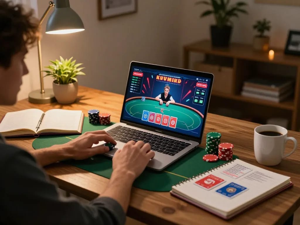 Excited player studying poker strategies on p789bet at home desk with warm ambiance.