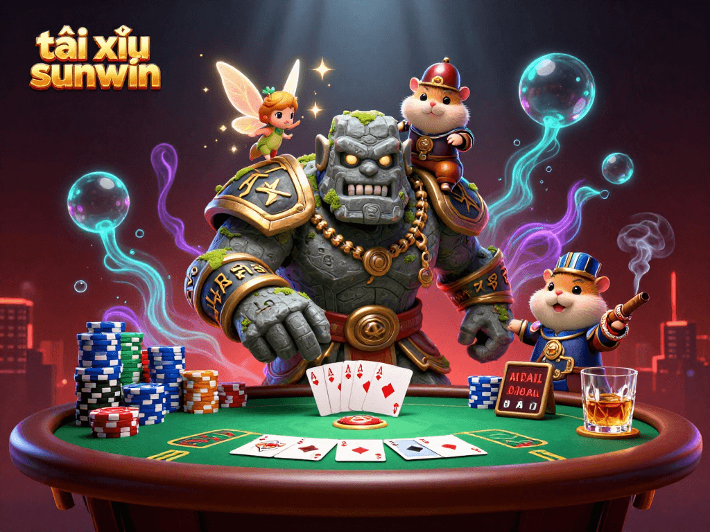 Experience the excitement of tài xỉu sunwin as a golem guardian, fairy, and hamster knight gather around rich poker elements.